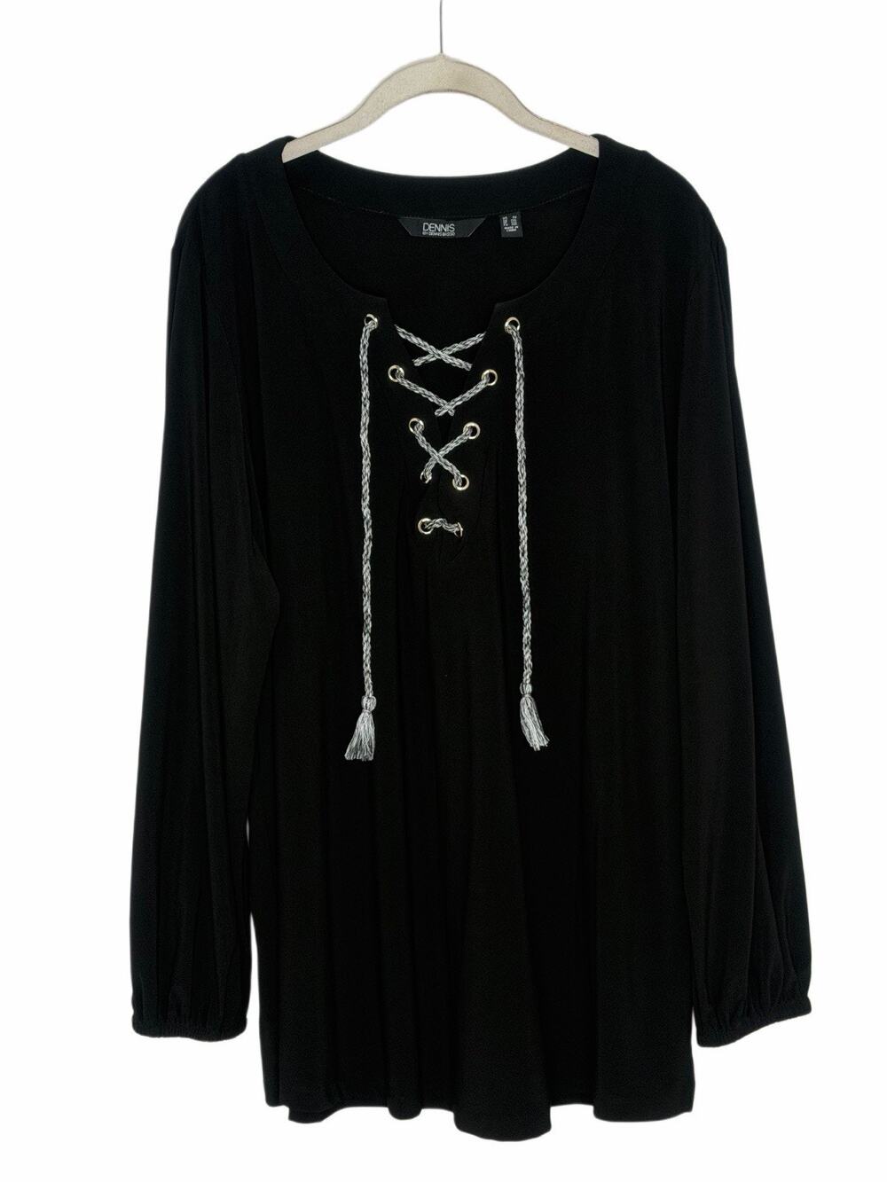 Dennis Basso Crepe Black Lace Up V Neck Blouse Top Plus Size 2X